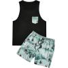 image:imageGORGLITTER Mens 2 Pieces Set Floral Print Elastic Waist Shorts Sleeveless Tank Top Outfit TracksuitBlack and Green Tropical Tree