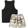 image:imageGORGLITTER Mens 2 Pieces Set Floral Print Elastic Waist Shorts Sleeveless Tank Top Outfit TracksuitBlack and Khaki Tropical Tree