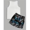 image:imageGORGLITTER Mens 2 Pieces Set Floral Print Elastic Waist Shorts Sleeveless Tank Top Outfit TracksuitWhite and Black Leaf