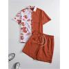 image:imageGORGLITTER Mens Hawaiian Matching Set Summer Beach 2 Piece Outfits Flower Button Down Shirts and Shorts SetBrown and White