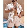 image:imageGORGLITTER Mens Hawaiian Matching Set Summer Beach 2 Piece Outfits Flower Button Down Shirts and Shorts SetKhaki