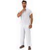 image:imageGORGLITTER Mens Linen Suit 2 Piece Set Beach Casual Short Sleeve Henley Shirts Loose Long Pants Summer Vacation Outfits