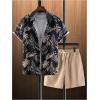 image:imageGORGLITTER Mens Vacation Beach Cruise Summer Outfits 2 Piece Shorts Set Hawaiian Button Down Shirt and ShortsBlack and Brown