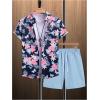 image:imageGORGLITTER Mens Vacation Beach Cruise Summer Outfits 2 Piece Shorts Set Hawaiian Button Down Shirt and ShortsBlue Hawaiian