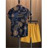 image:imageGORGLITTER Mens Vacation Beach Cruise Summer Outfits 2 Piece Shorts Set Hawaiian Button Down Shirt and ShortsBlue and Yellow