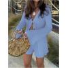 image:imageGORGLITTER Womens Shorts Set 2 Piece Beach Vacation Coastal Miami Brunch Outfits Bell Long Sleeve Top and Linen ShortsBlue