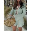 image:imageGORGLITTER Womens Shorts Set 2 Piece Beach Vacation Coastal Miami Brunch Outfits Bell Long Sleeve Top and Linen ShortsMint Blue