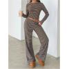 image:imageGORGLITTER Womens Striped Lounge Matching Set Outfit Comfy Long Sleeve Crop Top and Low Waisted Wide Leg Pants SetsBrown