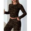 image:imageGORGLITTER Womens Striped Lounge Matching Set Outfit Comfy Long Sleeve Crop Top and Low Waisted Wide Leg Pants SetsBrown Leopard