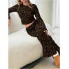 image:imageGORGLITTER Womens Striped Lounge Matching Set Outfit Comfy Long Sleeve Crop Top and Low Waisted Wide Leg Pants SetsBrown Leopard
