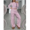 image:imageGORGLITTER Womens Striped Lounge Matching Set Outfit Comfy Long Sleeve Crop Top and Low Waisted Wide Leg Pants SetsPink