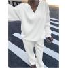 image:imageGORGLITTER Womens Two Piece Outfits Pants Set Long Sleeve V Neck Loose Tops and Low Waisted Wide Leg Baggy Sweat PantsWhite