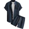 image:imageGORGLITTER Mens 2 Piece Summer Beach Outfits Waffle Knit Short Sleeve Button Down Shirt Top and Shorts SetBlue