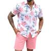 image:imageGORGLITTER Mens Hawaiian Matching Set Summer Beach 2 Piece Outfits Flower Button Down Shirts and Shorts SetPink and White