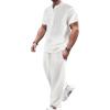 image:imageGORGLITTER Mens Linen Suit 2 Piece Set Beach Casual Short Sleeve Henley Shirts Loose Long Pants Summer Vacation Outfits