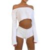 image:imageGORGLITTER Womens Crochet Shorts Set Two Piece Vacation Summer Beach Outfits Off The Shoulder Crop Tops and Shorts SetWhite