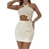 image:imageGORGLITTER Womens Crochet Skirt Set 2 Piece Beach Vacation Outfits 3D Floral Halter Crop Top and Mini Skirt SetsApricot
