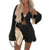 image:imageGORGLITTER Womens Shorts Set 2 Piece Beach Vacation Coastal Miami Brunch Outfits Bell Long Sleeve Top and Linen ShortsBlack