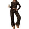 image:imageGORGLITTER Womens Striped Lounge Matching Set Outfit Comfy Long Sleeve Crop Top and Low Waisted Wide Leg Pants SetsBrown Leopard