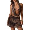 image:imageGORGLITTER Womens Two Piece Mini Skirt Sets Tie Dye Halter Tops and Ruffle Mesh High Waisted Skirts Cute Summer OutfitMocha Brown