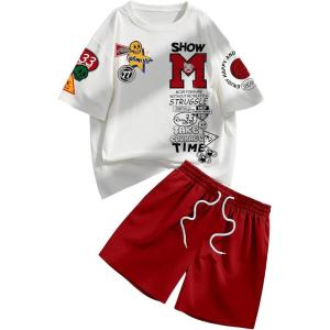 image:imageGORGLITTER Mens 2 Piece Outfits Sets Casual Graphic Crewneck Short Sleeve TShirt and Drawstring Waist ShortsWhite and Red