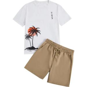 image:imageGORGLITTER Mens 2 Piece Outfits Tropical Print Short Sleeve Tee and Drawstring Waist Shorts SetWhite and Khaki