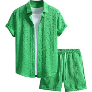 image:imageGORGLITTER Mens 2 Piece Outfits Waffle Knit Button Down Shirt Top and Shorts SetGreen