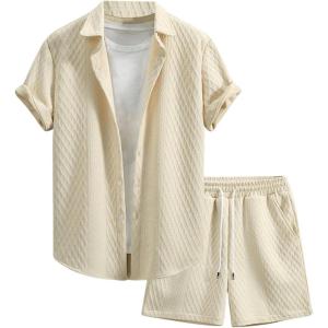 image:imageGORGLITTER Mens 2 Piece Outfits Waffle Knit Button Down Shirt Top and Shorts SetKhaki