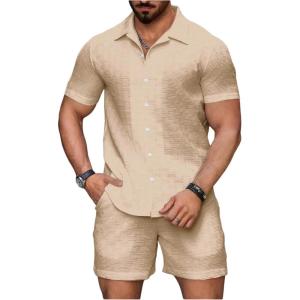image:imageGORGLITTER Mens 2 Piece Outfits Waffle Knit Button Down Shirt Top and Shorts SetLight Khaki