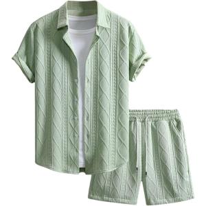 image:imageGORGLITTER Mens 2 Piece Outfits Waffle Knit Button Down Shirt Top and Shorts SetLime Green