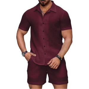 image:imageGORGLITTER Mens 2 Piece Outfits Waffle Knit Button Down Shirt Top and Shorts SetRusty Rose
