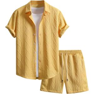 image:imageGORGLITTER Mens 2 Piece Outfits Waffle Knit Button Down Shirt Top and Shorts SetSolid Yellow
