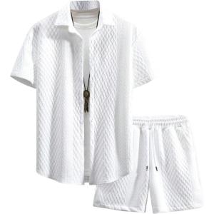 image:imageGORGLITTER Mens 2 Piece Outfits Waffle Knit Button Down Shirt Top and Shorts SetWhite