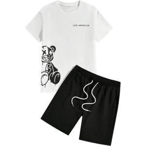 image:imageGORGLITTER Mens Letter Graphic Print T Shirts Short Sleeve Top amp Shorts Casual Two Piece SetsWhite and Black Letter  Bear