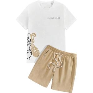 image:imageGORGLITTER Mens Letter Graphic Print T Shirts Short Sleeve Top amp Shorts Casual Two Piece SetsWhite and Khaki Letter  Bear