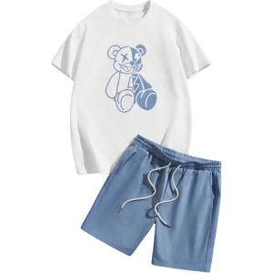 image:imageGORGLITTER Mens Letter Graphic Print T Shirts Short Sleeve Top amp Shorts Casual Two Piece SetsWhite and Light Blue