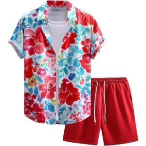 image:imageGORGLITTER Mens Summer Beach Outfits Vacation Cruise Tropical Short Sleeve Button Down Hawaiian Shirt and Shorts SetsRed