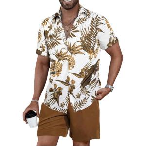 image:imageGORGLITTER Mens Vacation Beach Cruise Summer Outfits 2 Piece Shorts Set Hawaiian Button Down Shirt and ShortsBrown
