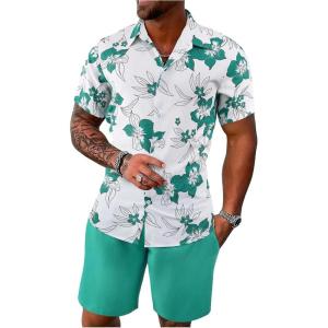 image:imageGORGLITTER Mens Vacation Beach Cruise Summer Outfits 2 Piece Shorts Set Hawaiian Button Down Shirt and ShortsGreen Hawaiian
