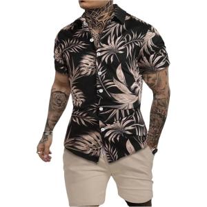 image:imageGORGLITTER Mens Vacation Beach Cruise Summer Outfits 2 Piece Shorts Set Hawaiian Button Down Shirt and ShortsKhaki