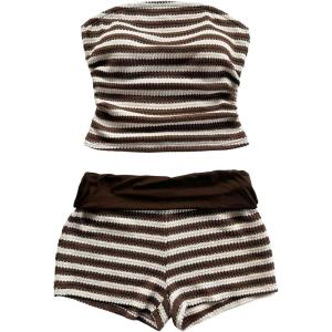 image:imageGORGLITTER Womens 2 Piece Matching Sets Beach Vacation Crochet Strapless Striped Tube Tops Shorts Birthday OutfitsBrown and White