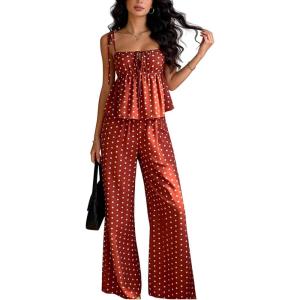 image:imageGORGLITTER Womens 2 Piece Outfits Going Out Sets Polka Dots Tie Shoulder Cami Top and Wide Leg Pants Summer Matching SetsBrown