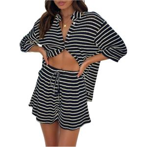 image:imageGORGLITTER Womens 2 Piece Sets Going Out Outfits Beach Cruise Crochet Striped Shorts and Top Brunch Matching SetsBlue
