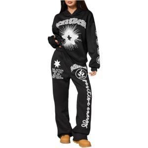 image:imageGORGLITTER Womens 2 Piece Track Suits Y2k Graphic Sweatsuit Set Oversized Hoodies Wide Leg Sweatpants Matching Outfits 2025Black
