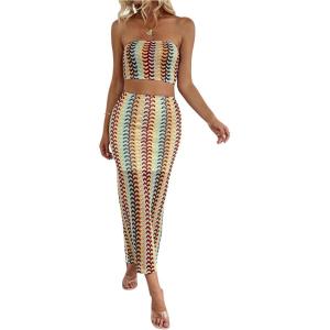 image:imageGORGLITTER Womens Boho Skirt Sets Embroidery Bandeau Tube Top Bodycon Madi Skirt Summer Trendy Dressy OutfitsKhaki