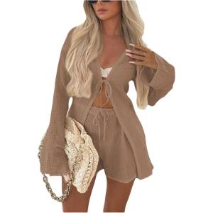 image:imageGORGLITTER Womens Shorts Set 2 Piece Beach Vacation Coastal Miami Brunch Outfits Bell Long Sleeve Top and Linen ShortsBrown