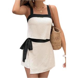 image:imageGORGLITTER Womens Sleeveless Linen Sets 2 Piece Color Block Crop Tank Top and Wrap Tie Side SkirtBlack and White