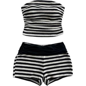 image:imageGORGLITTER Womens Striped Tube Tops Sets Sexy Summer Birthday Vacation Outfits Strapless Two 2 Piece Shorts SetsBlack and White