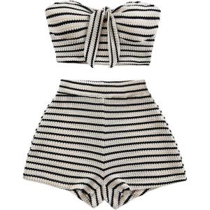 image:imageGORGLITTER Womens Two Piece Striped Knot Bandeau Crop Top and Shorts Set Fall Matching Vacation Outfits Summer Y2KBlack and White