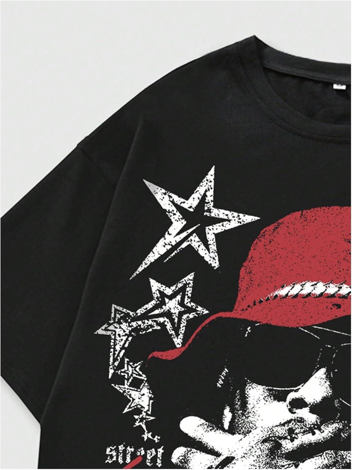 image:imageGORGLITTER Mens Y2K Graphic Tee Oversized Crewneck Short Sleeve Drop Shoulder Vintage Boxy Streetwear Casual T ShirtBlack Graphic Print